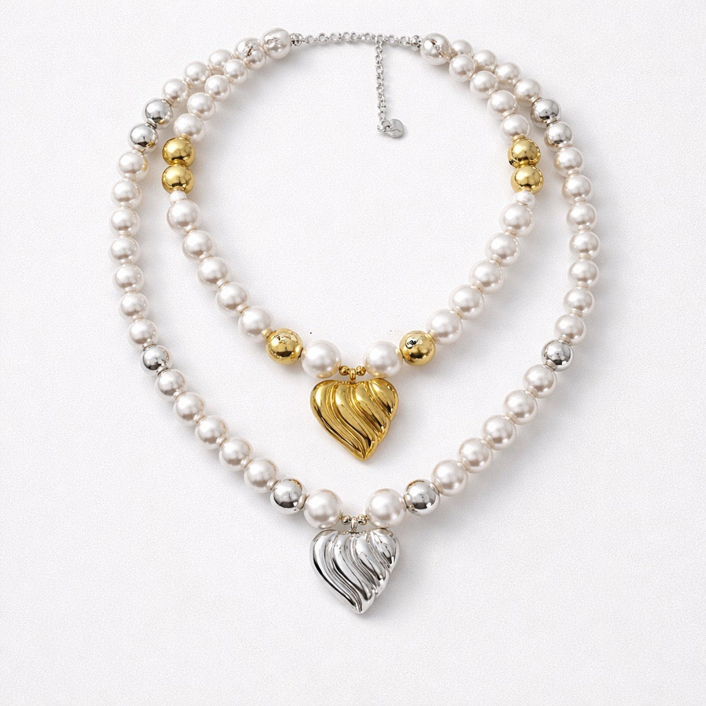 Collana perle cuore rigato