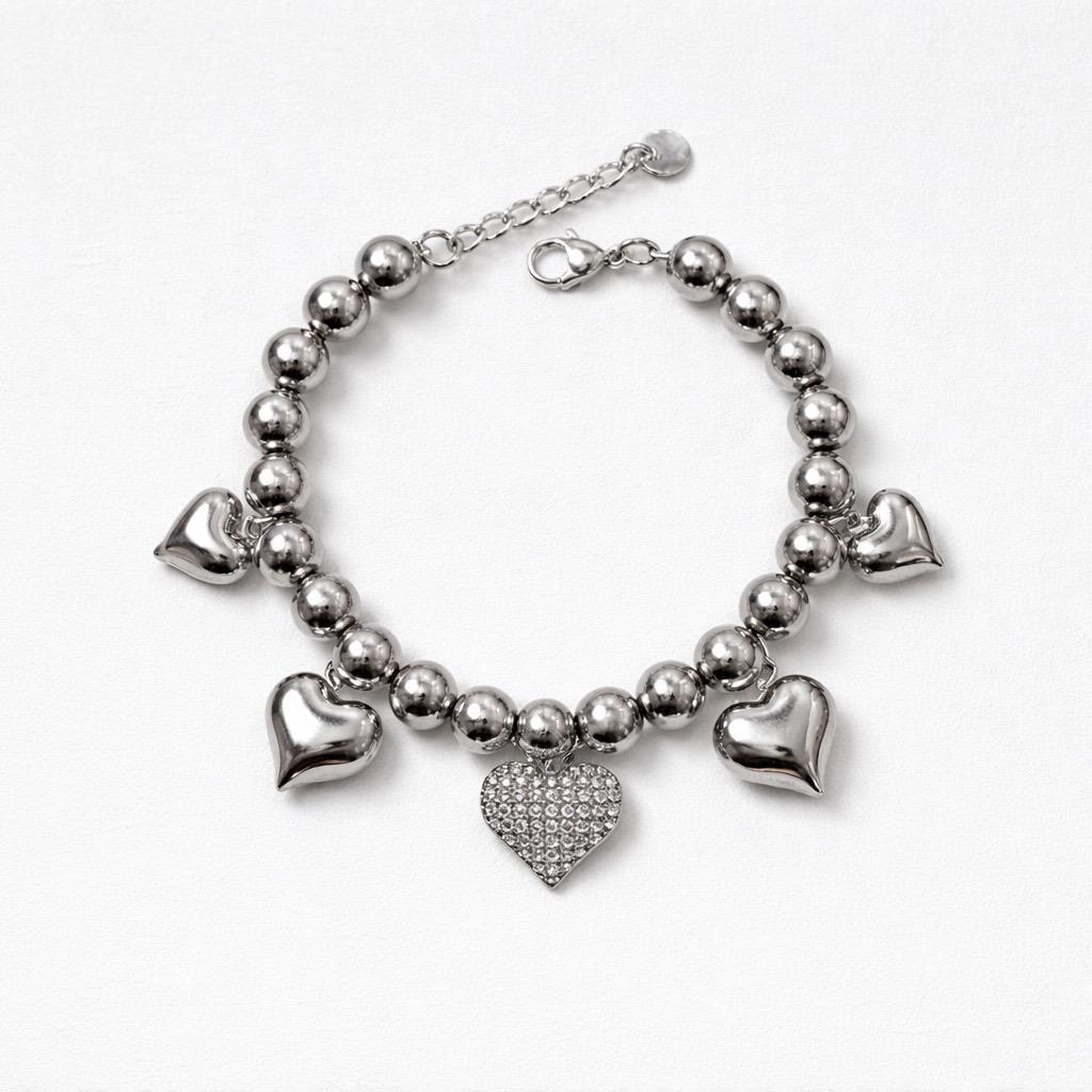 Bracciale regolabile acciaio palline cuori strass