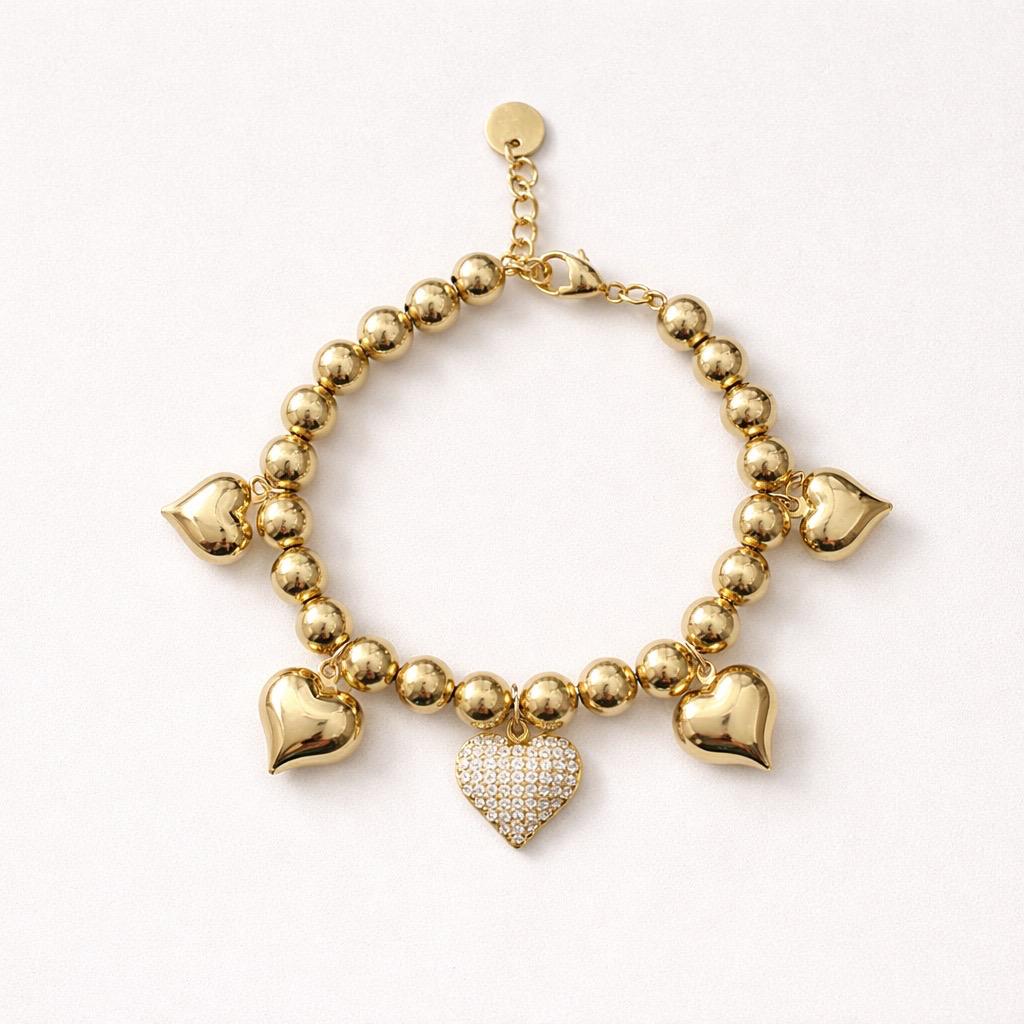 Bracciale regolabile acciaio palline cuori strass