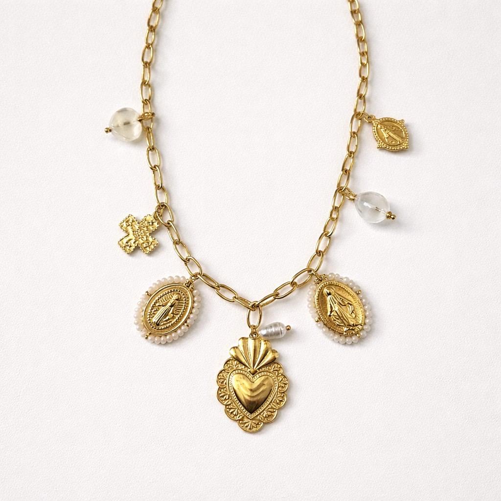 Collana regolabile acciaio cuore sacro perline