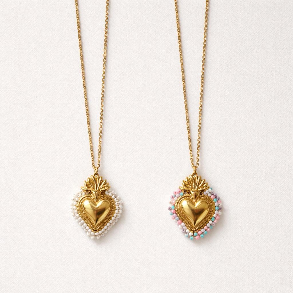 Collana regolabile acciaio cuore sacro perline