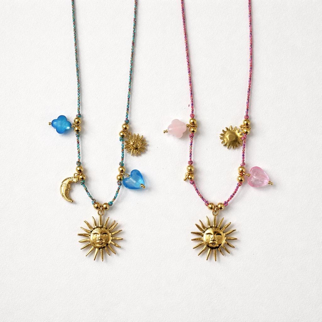 Collana regolabile acciaio e tessuto sole charms