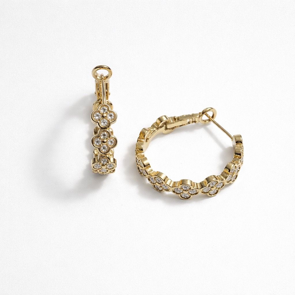 Orecchini cerchi acciaio fiori strass 2.5cm