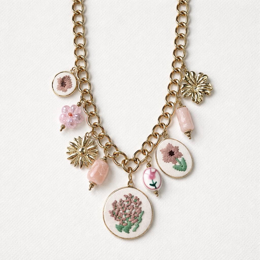 Collana regolabile acciaio fiori ricamati