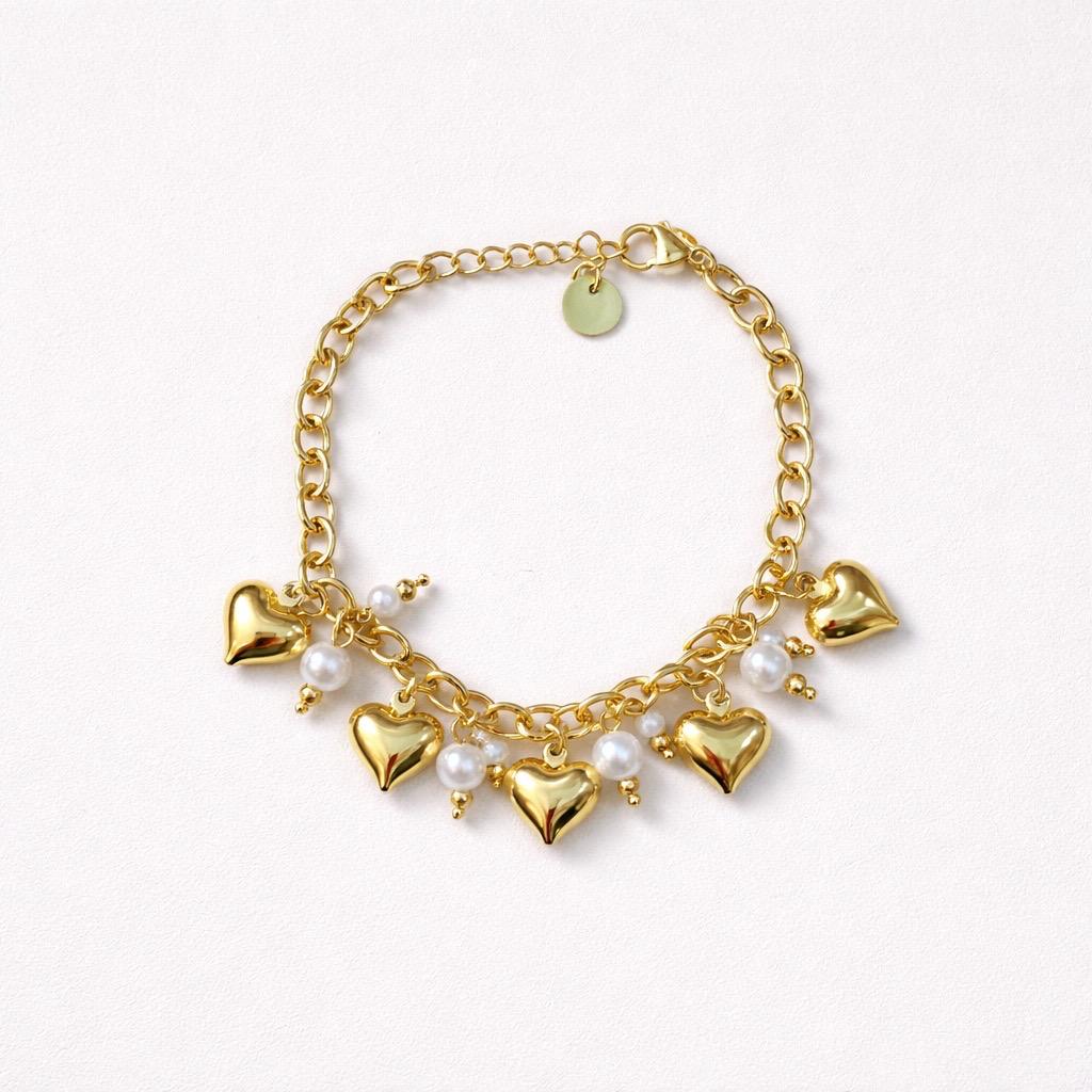 Bracciale regolabile acciaio cuori perle