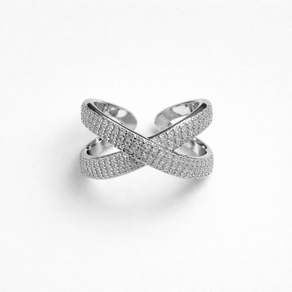 Anello metallo incrocio strass