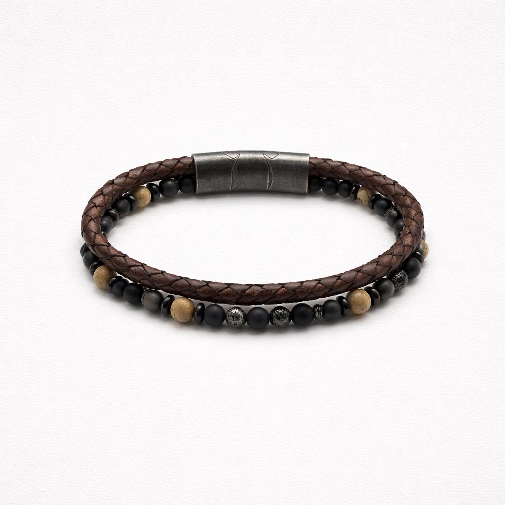 Uomo bracciale pelle acciaio pietre