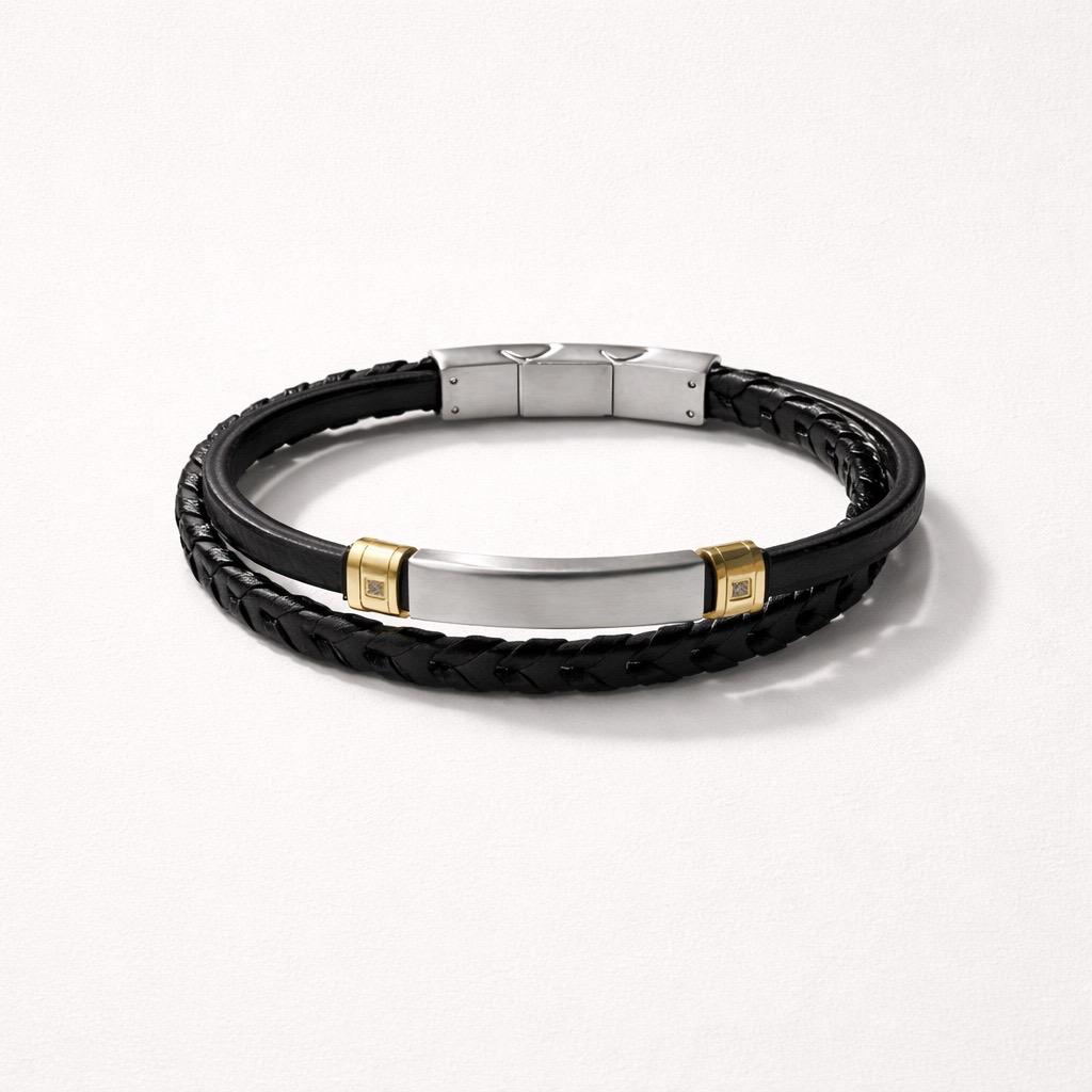 Uomo bracciale pelle acciaio 2 fili