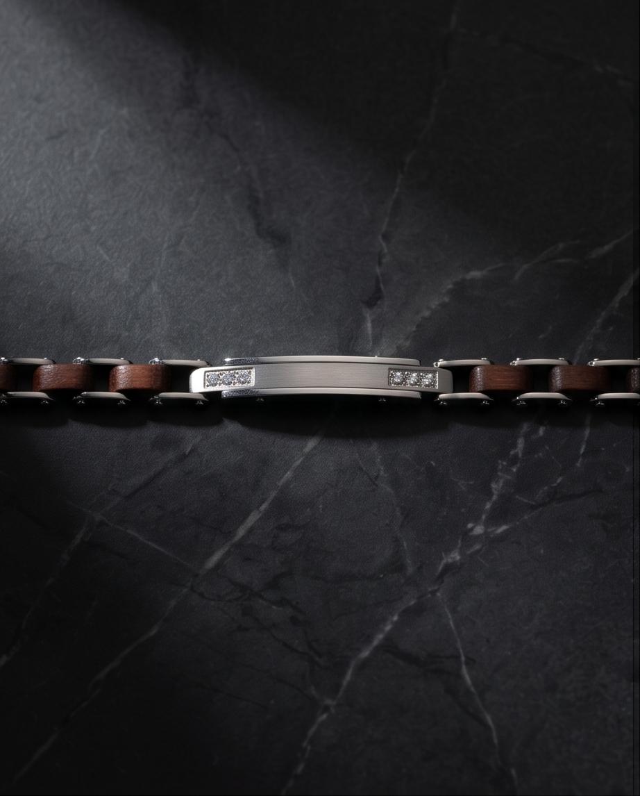 Uomo bracciale acciaio legno e zirconi