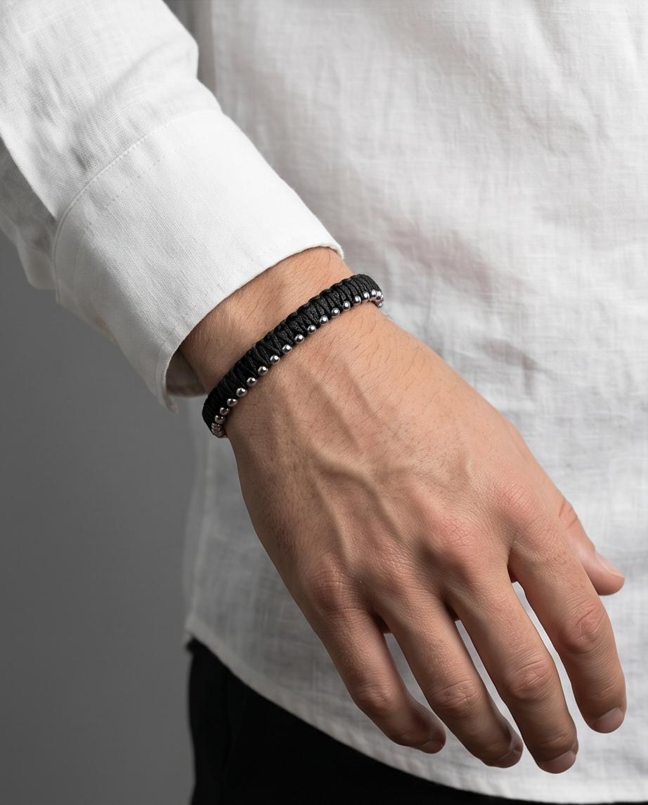 Uomo bracciale pelle acciaio palline