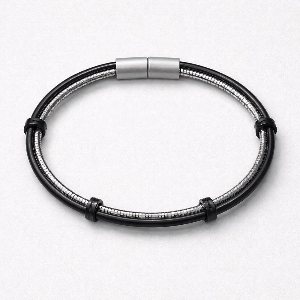 Uomo bracciale pelle 2 fili acciaio