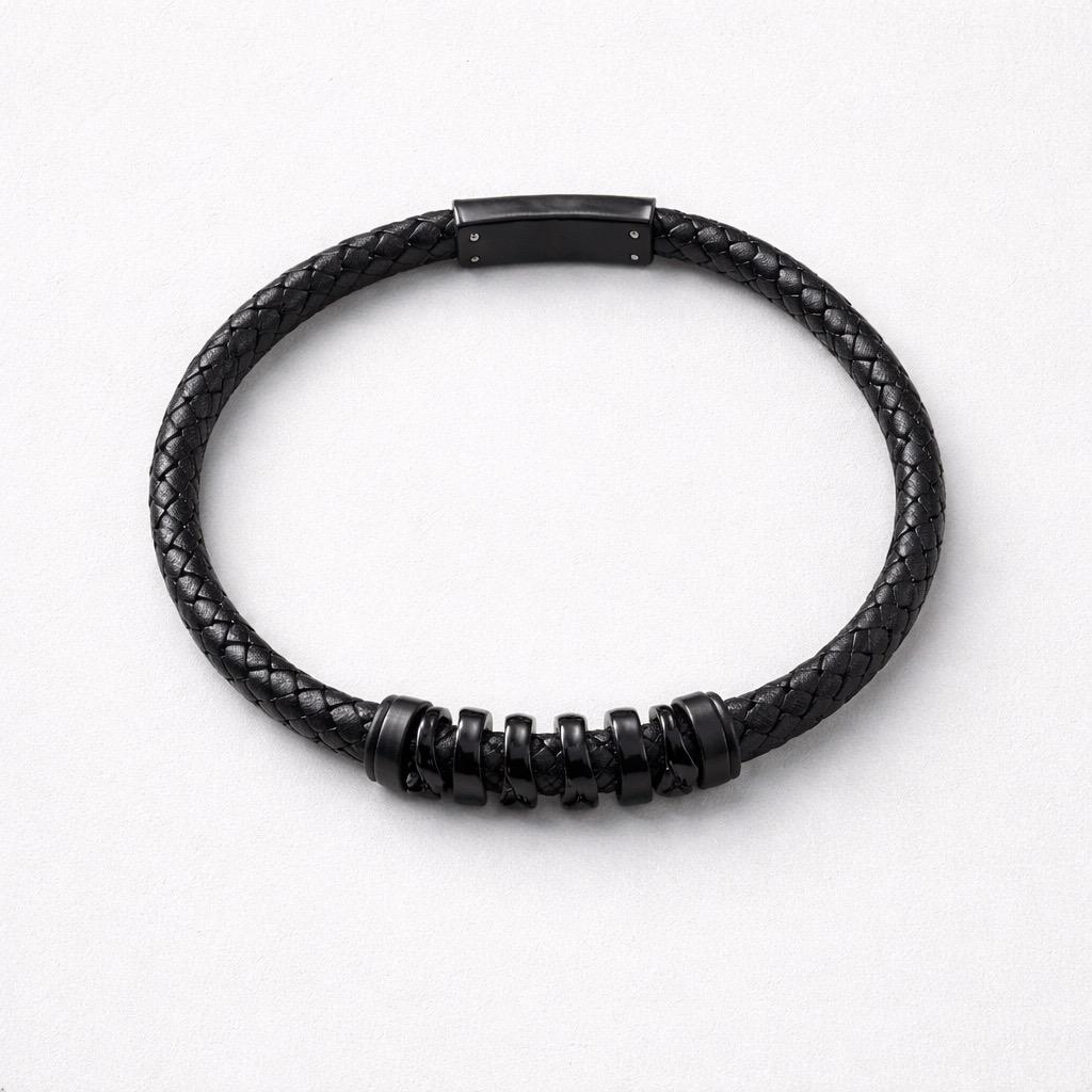 Uomo bracciale acciaio intreccio pelle