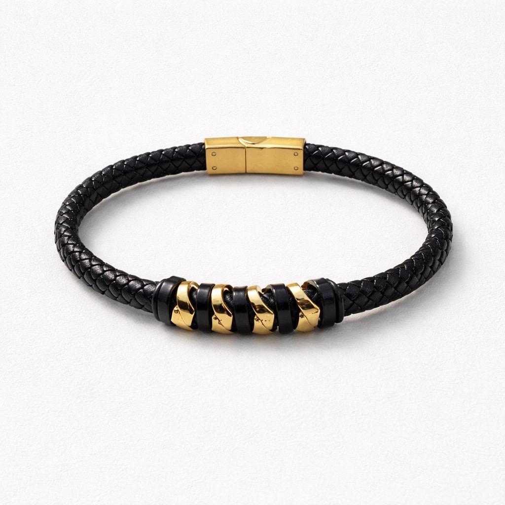 Uomo bracciale acciaio intreccio pelle