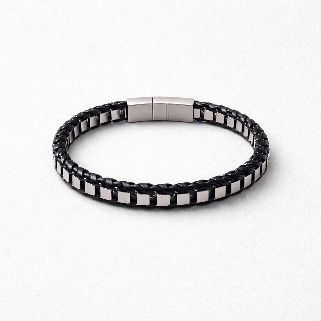 Uomo bracciale acciaio intreccio pelle