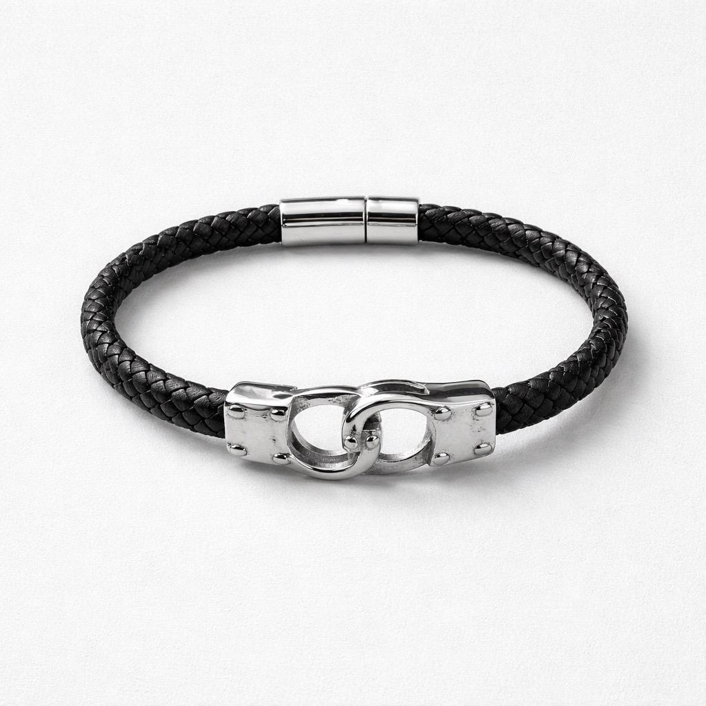 Uomo bracciale acciaio intreccio pelle