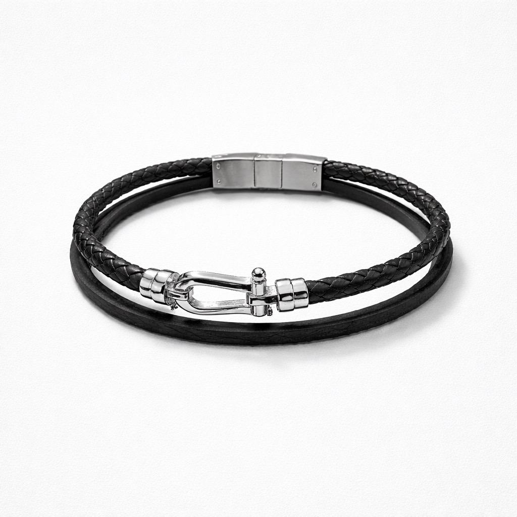 Uomo bracciale acciaio 3 fili pelle fibbia