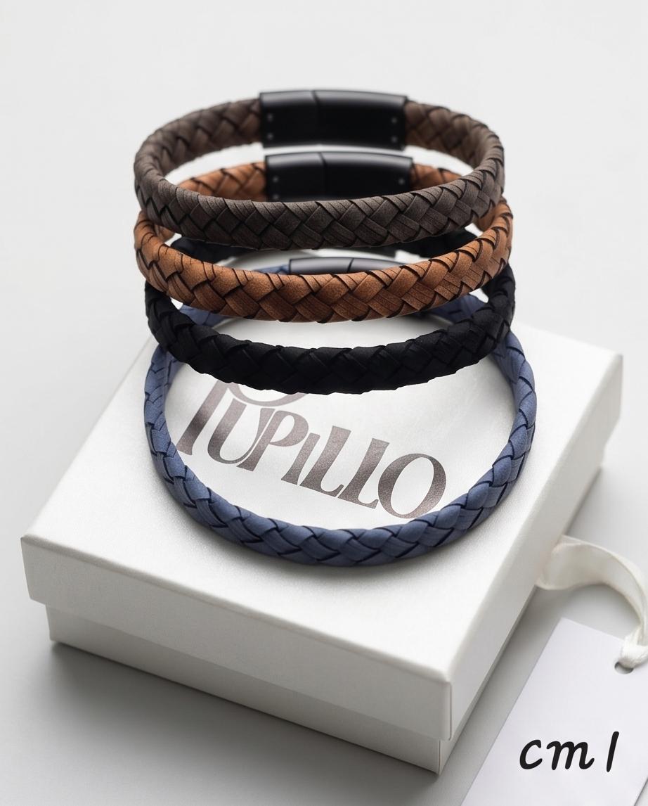 Uomo bracciale acciaio treccia pelle 1cm