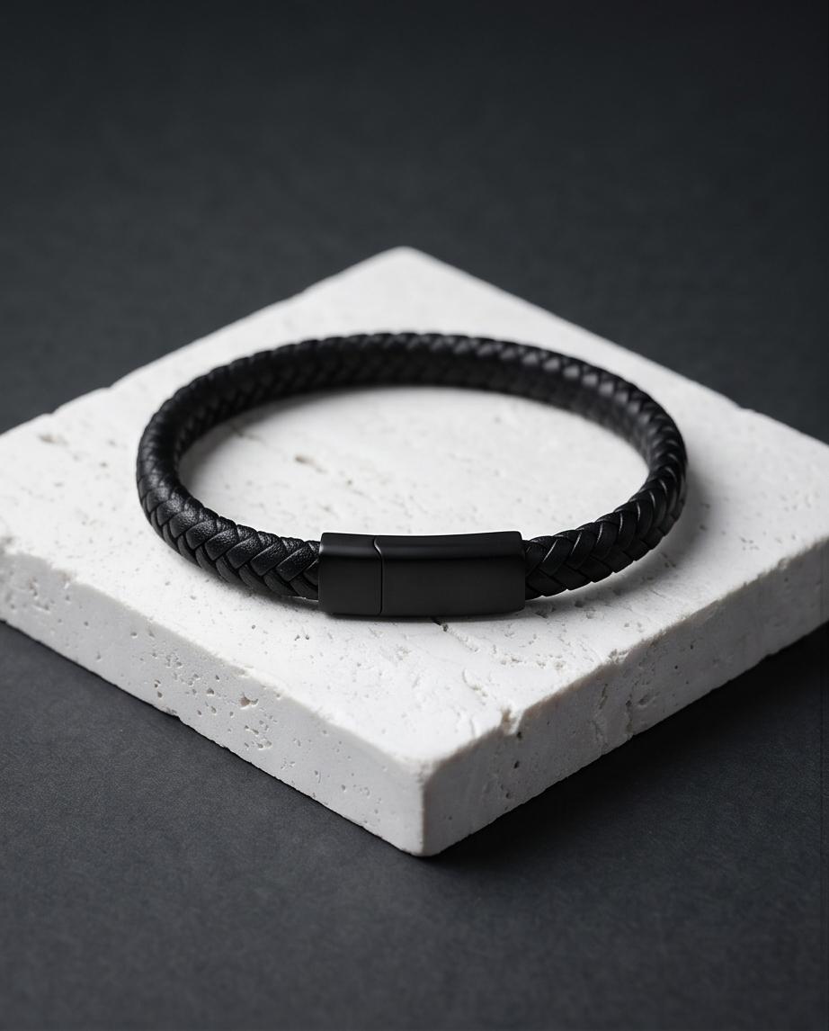 Uomo bracciale acciaio treccia pelle 0.5cm