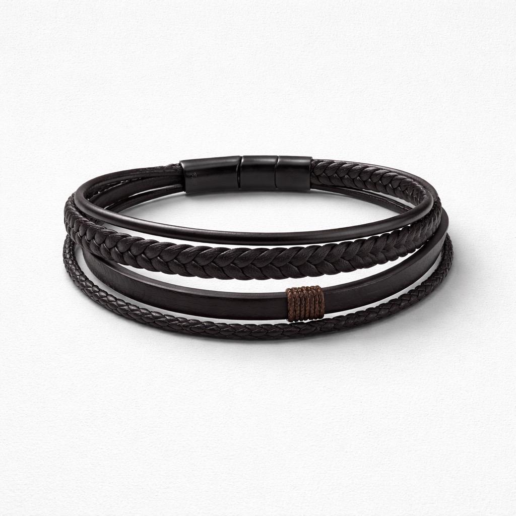 Uomo bracciale acciaio pelle 5 fili