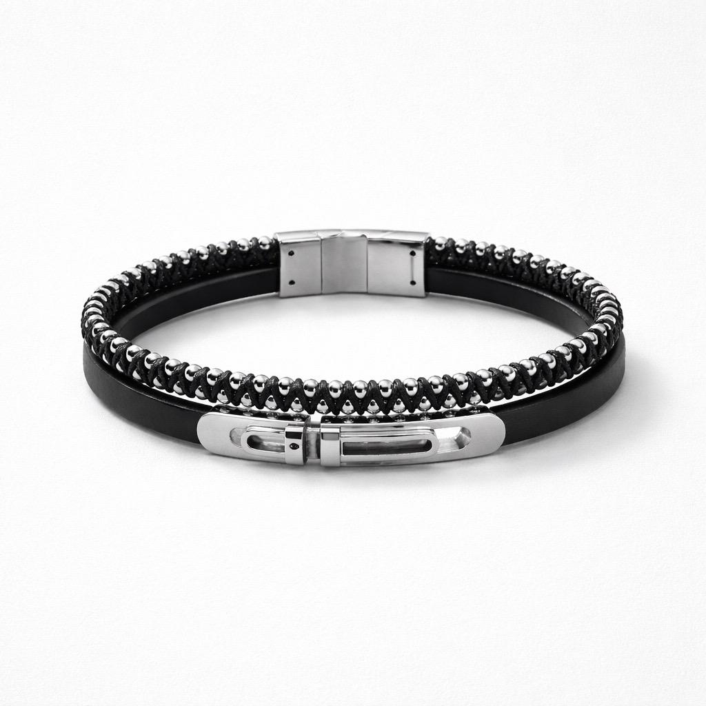 Uomo bracciale acciaio doppia fibbia pelle