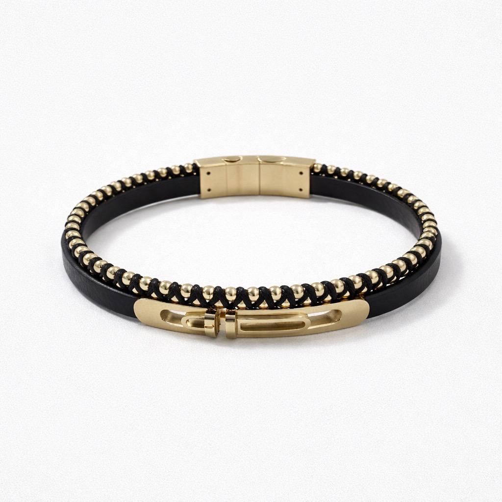 Uomo bracciale acciaio doppia fibbia pelle