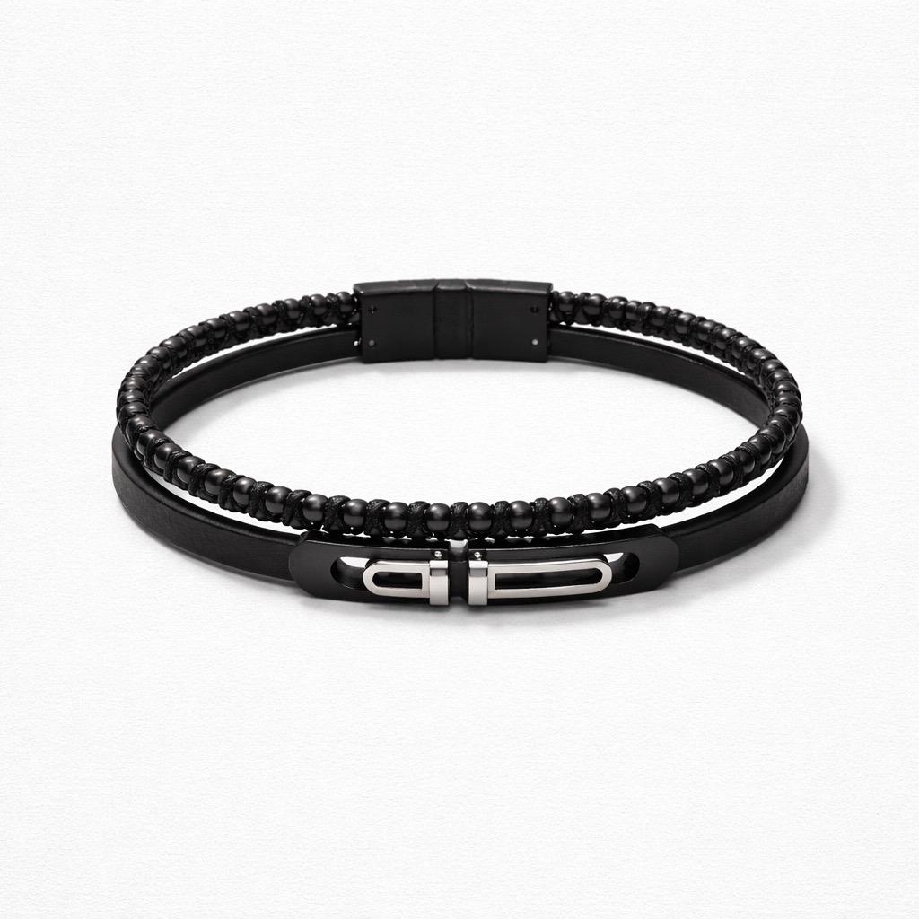 Uomo bracciale acciaio doppia fibbia pelle