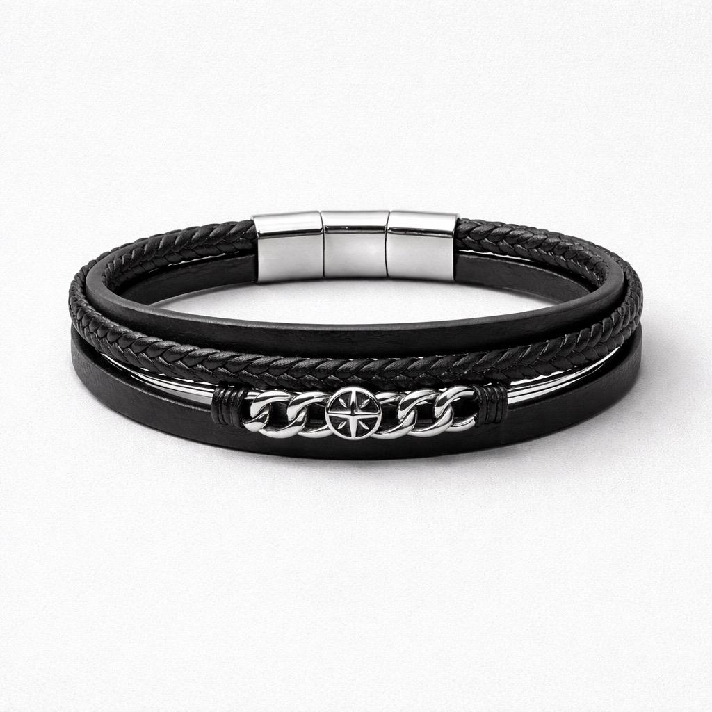 Uomo bracciale acciaio pelle intreccio 3 fili