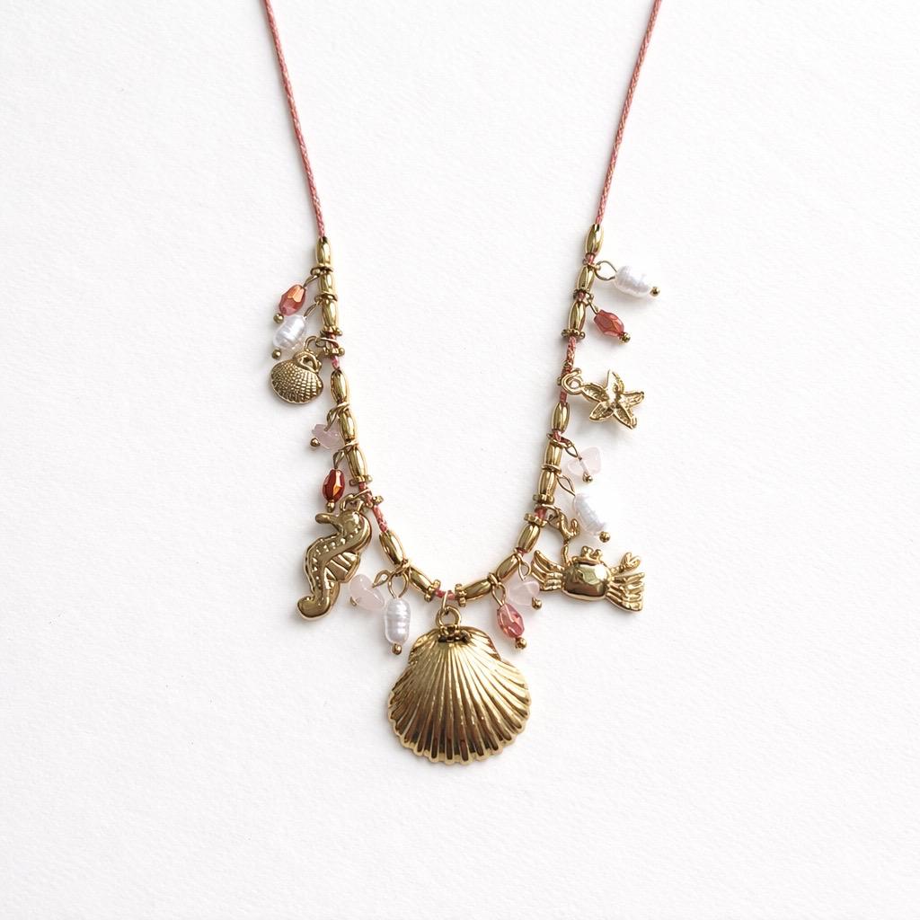 Collana regolabile acciaio cordino perle conchiglia