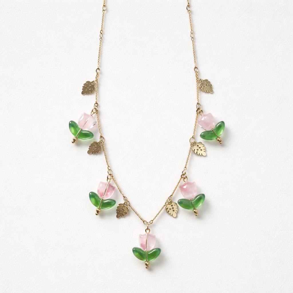 Collana regolabile acciaio papaveri rosa vetro