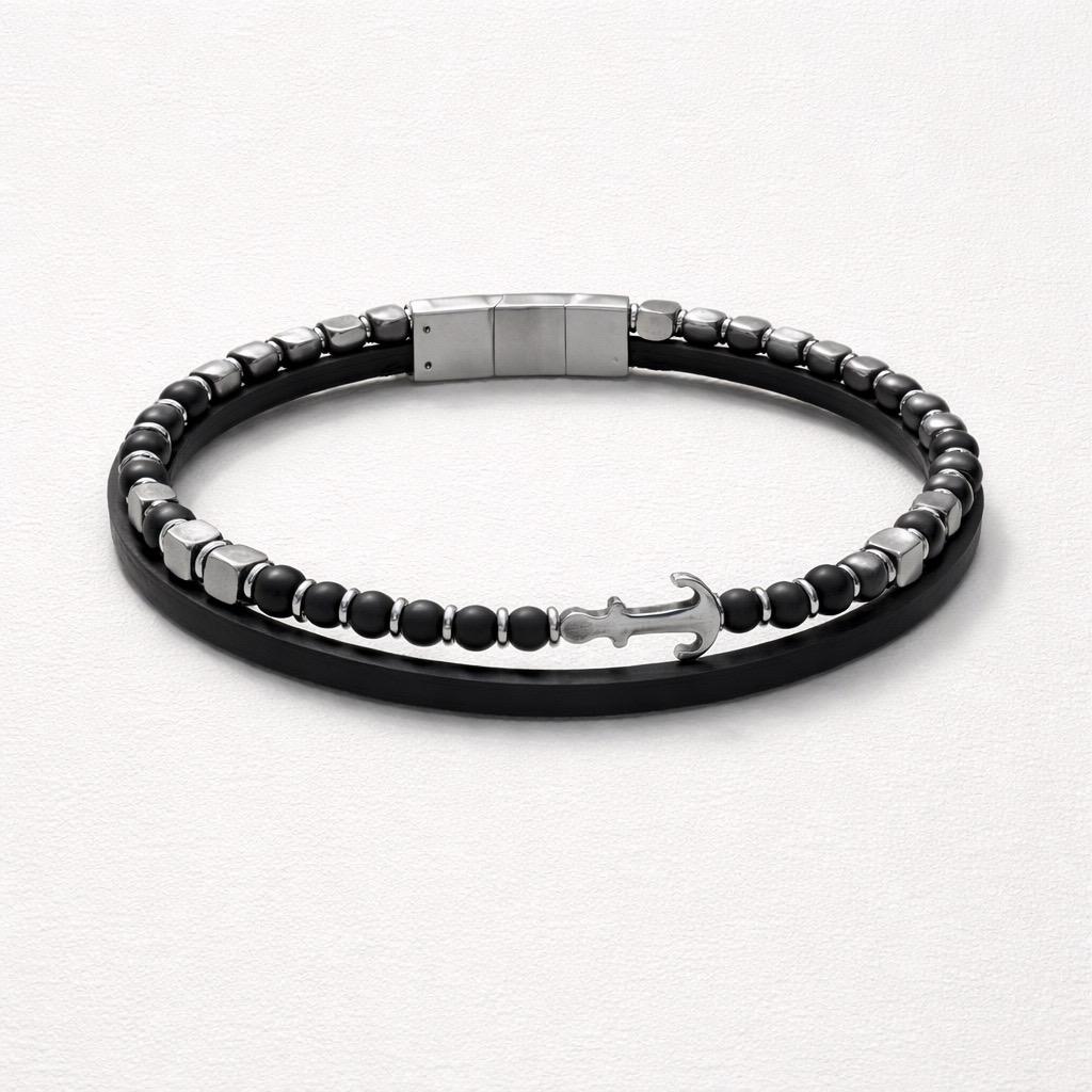 Uomo bracciale acciaio 2 fili ancora