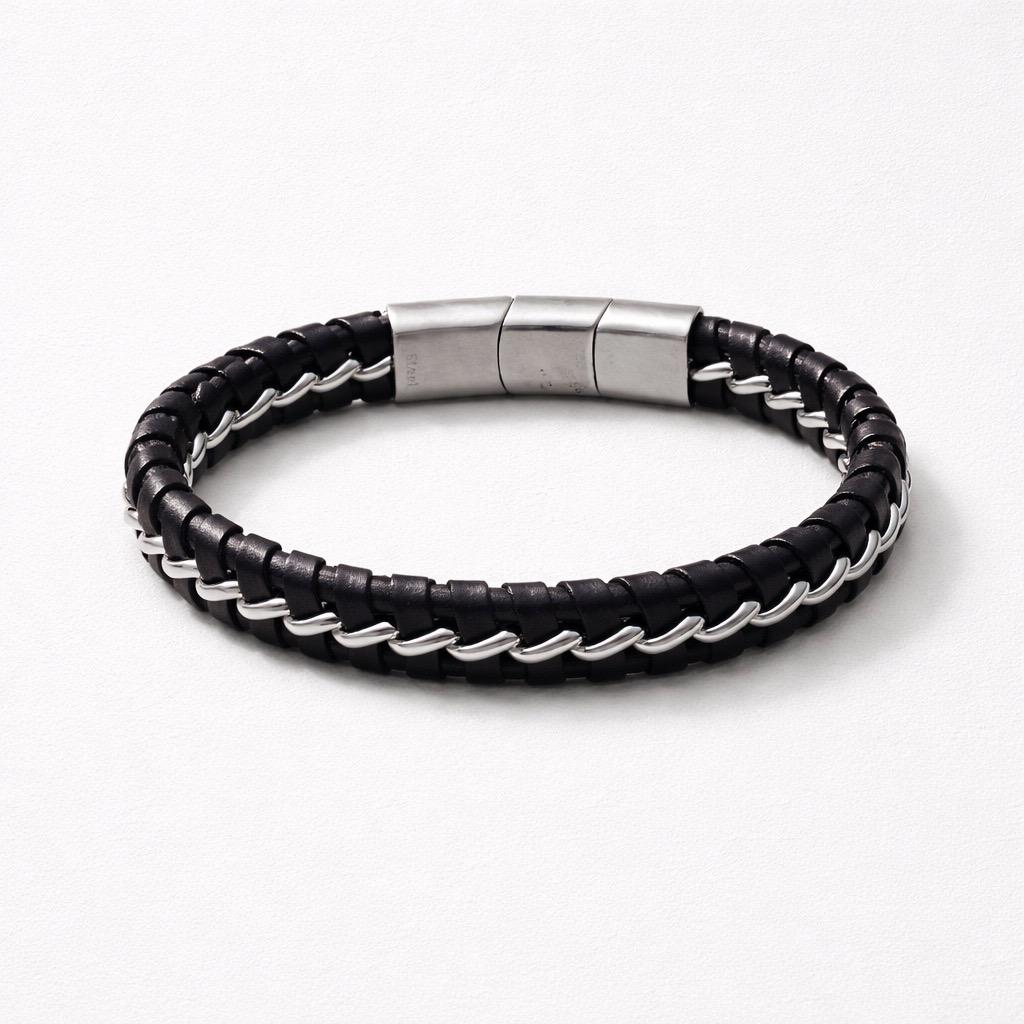 Uomo bracciale acciaio treccia pelle