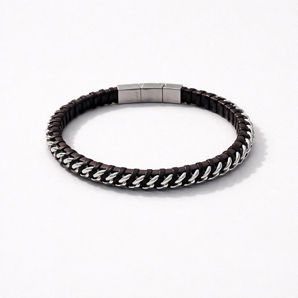Uomo bracciale acciaio treccia pelle