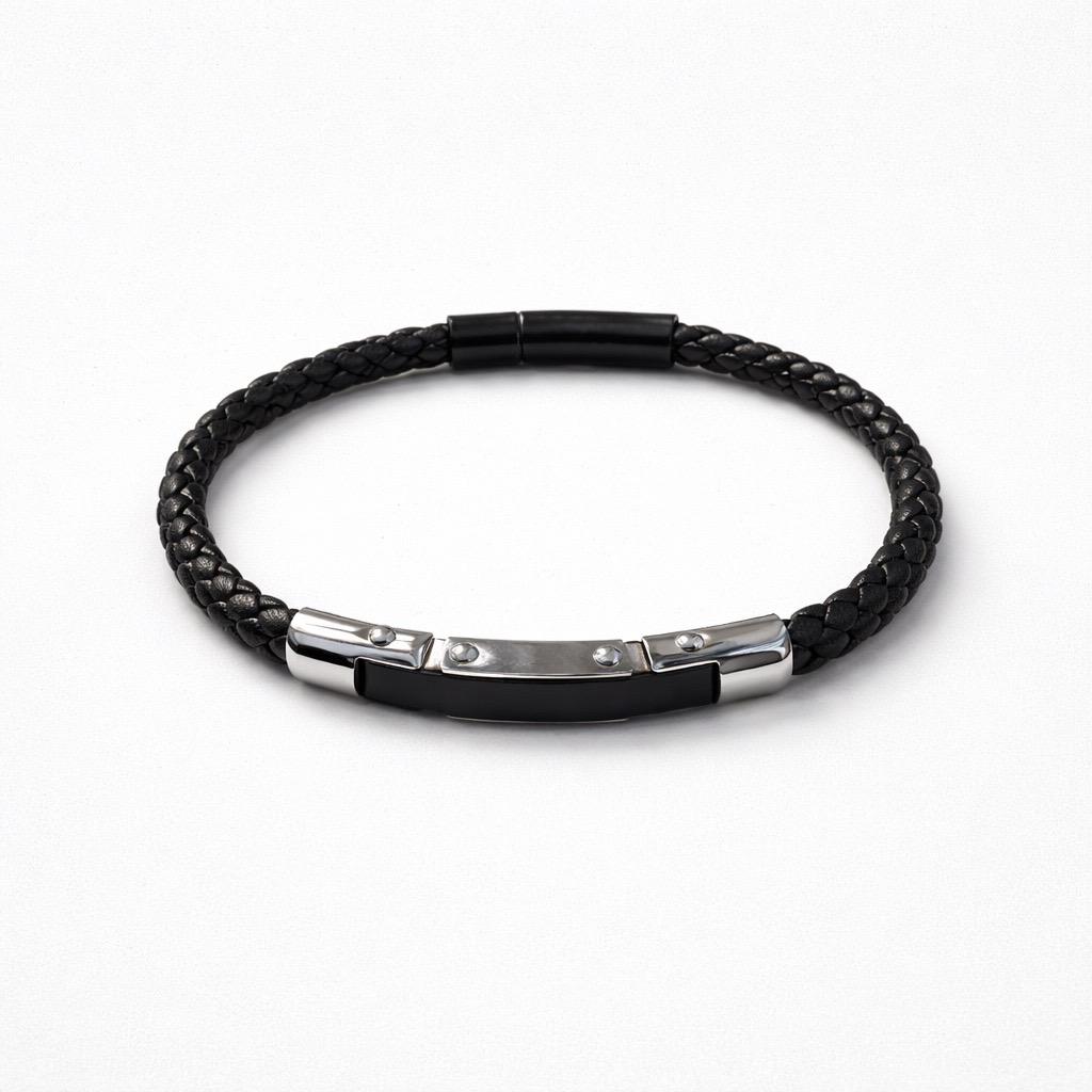 Uomo bracciale acciaio treccia pelle