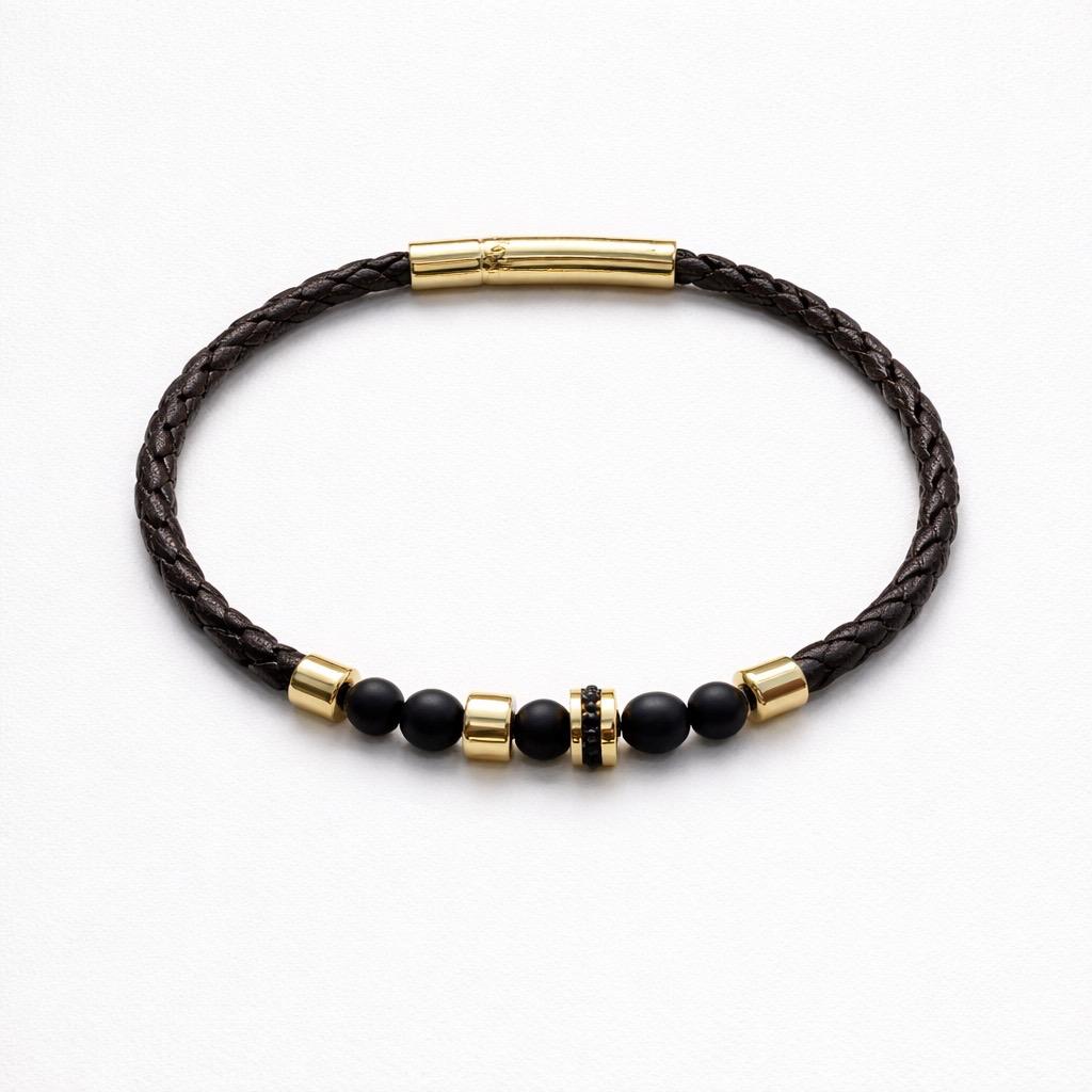 Uomo bracciale acciaio treccia pelle zircone