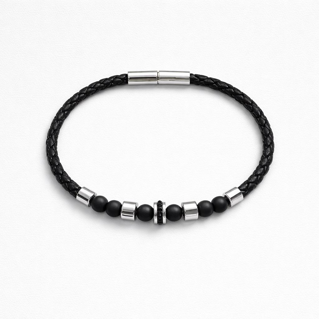 Uomo bracciale acciaio treccia pelle zircone