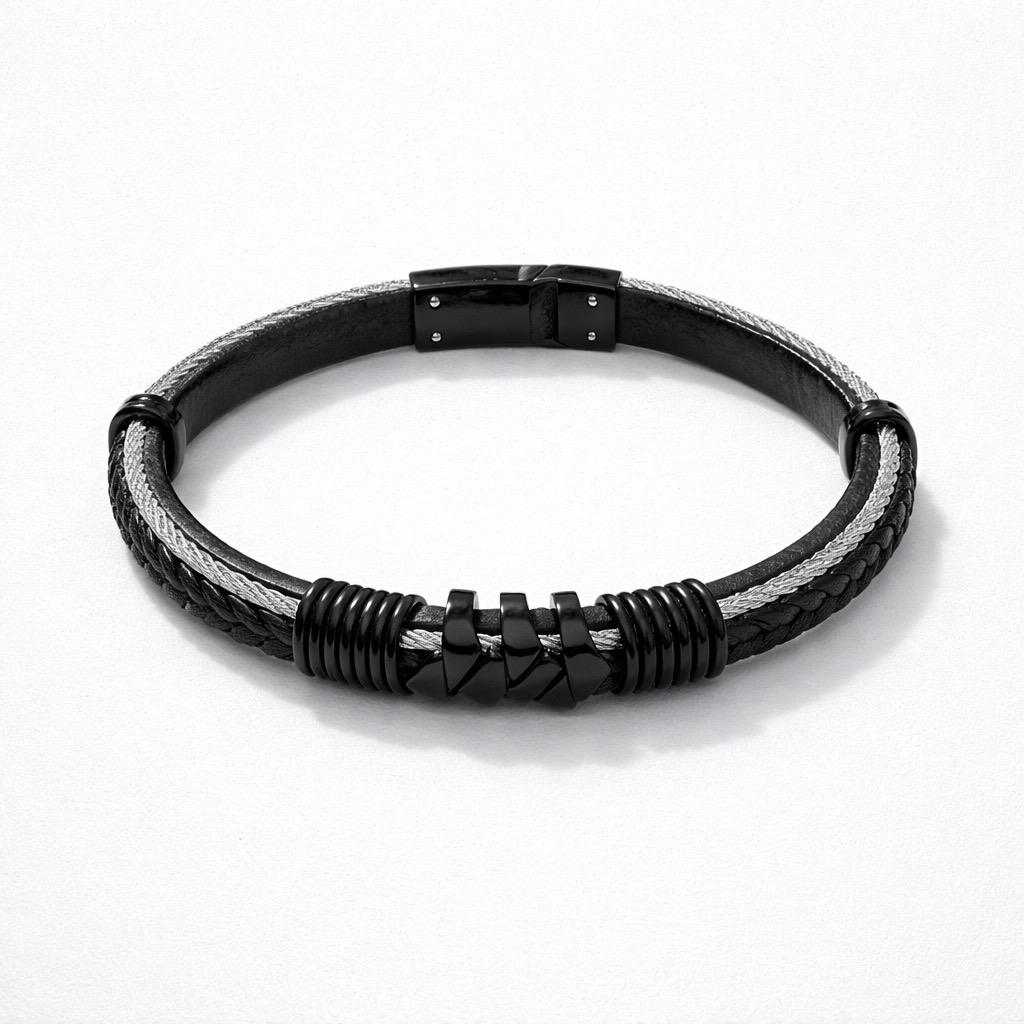 Uomo bracciale acciaio intreccio pelle