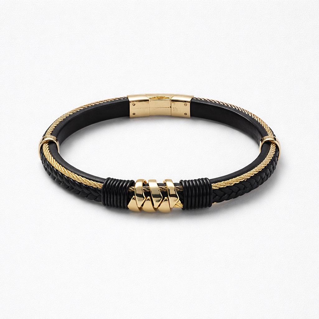 Uomo bracciale acciaio intreccio pelle