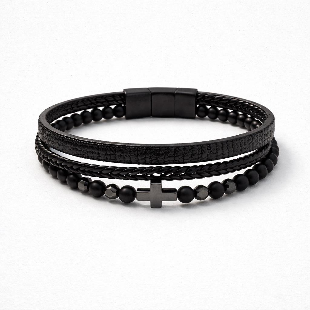 Uomo bracciale acciaio pelle pietra