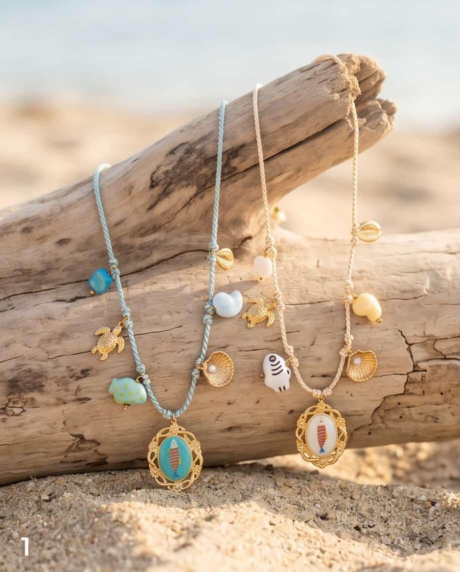 Collana regolabile cordino acciaio charms pesci vetro