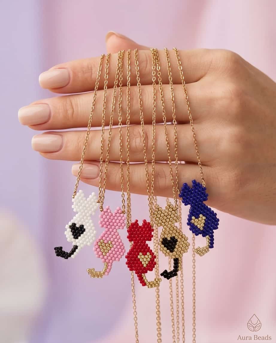 Collana regolabile acciaio gatto perline