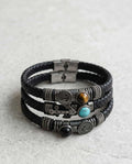 Uomo bracciale acciaio pelle con pietra