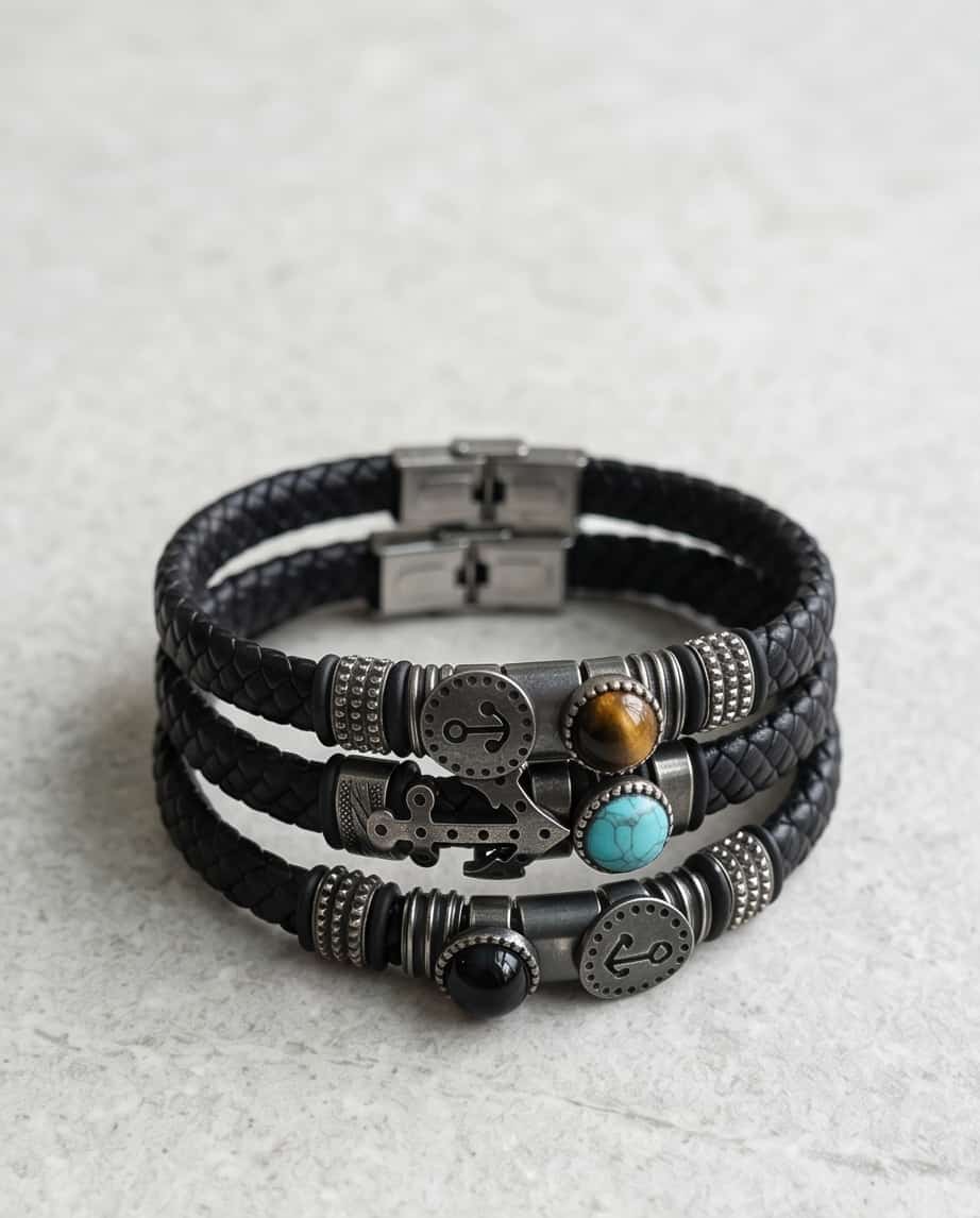 Uomo bracciale acciaio pelle con pietra