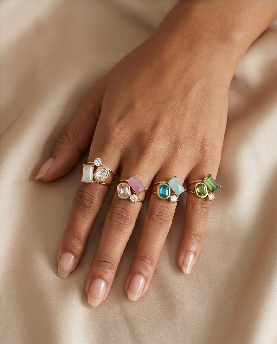 Anello acciaio triplo castone vetro