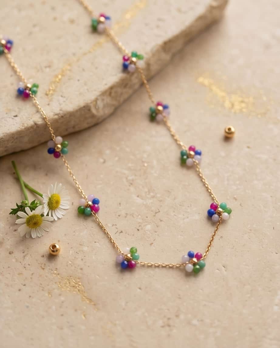 Collana regolabile acciaio fiori multicolor