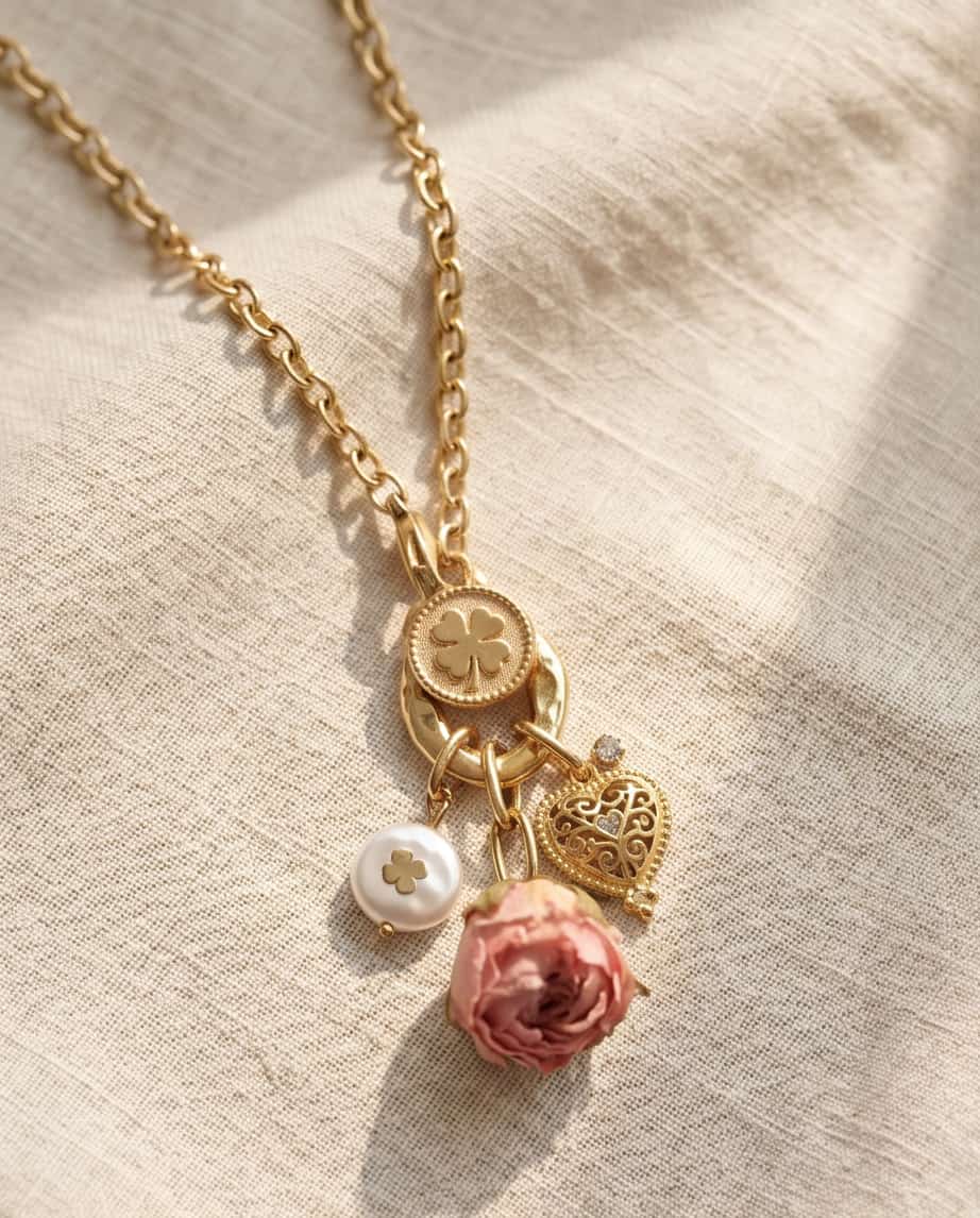 Collana regolabile acciaio cuore fiore secco