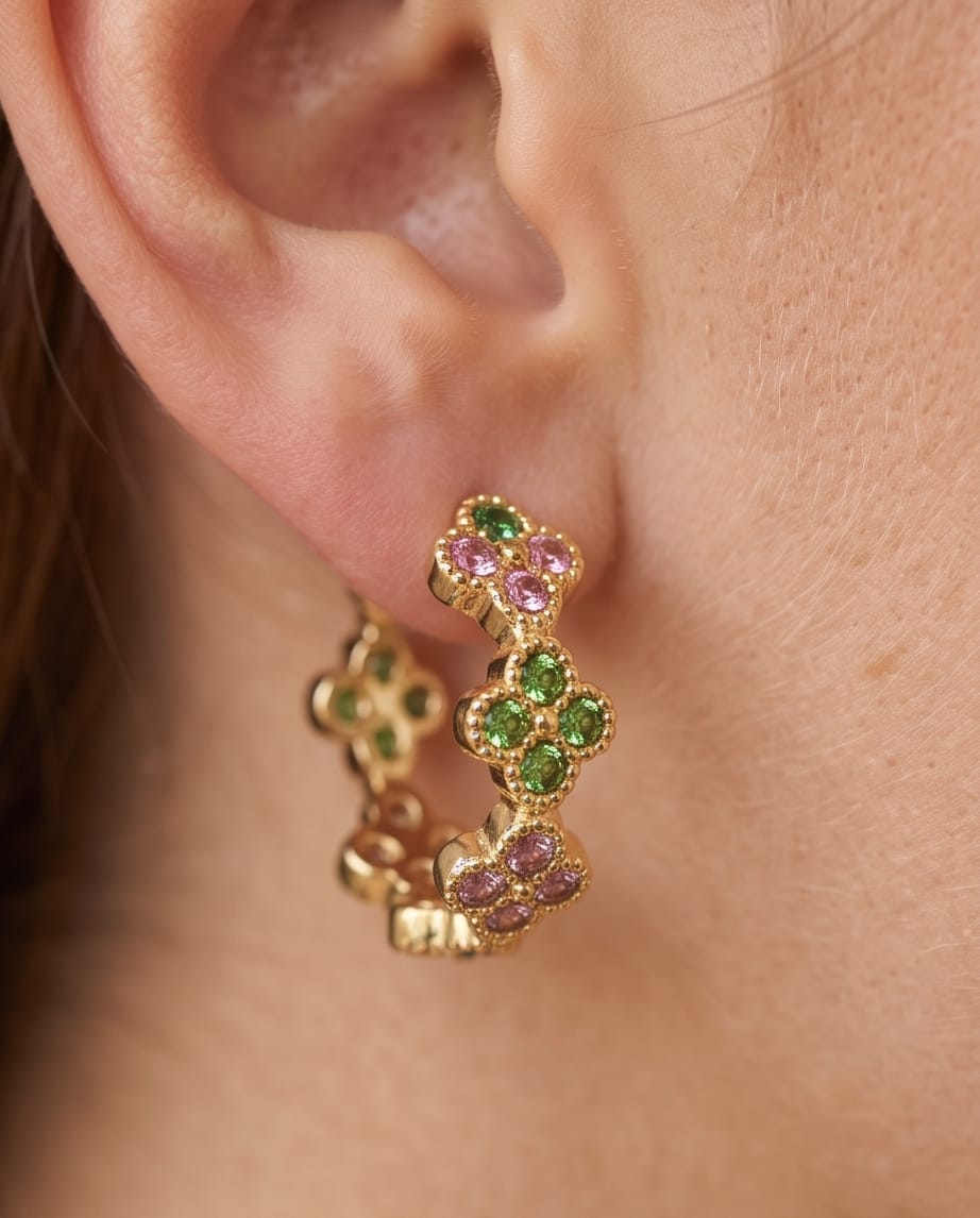 Orecchini cerchi acciaio strass fiori