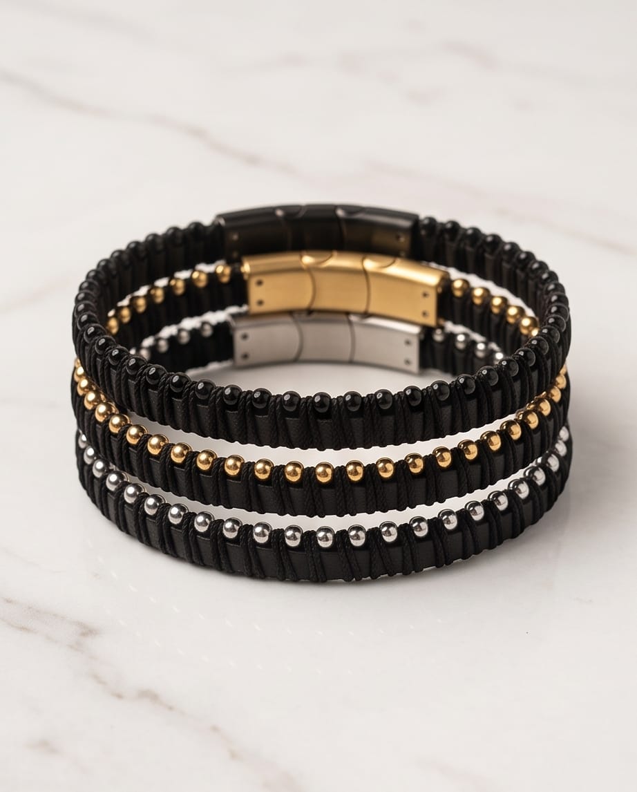 Uomo bracciale pelle acciaio palline