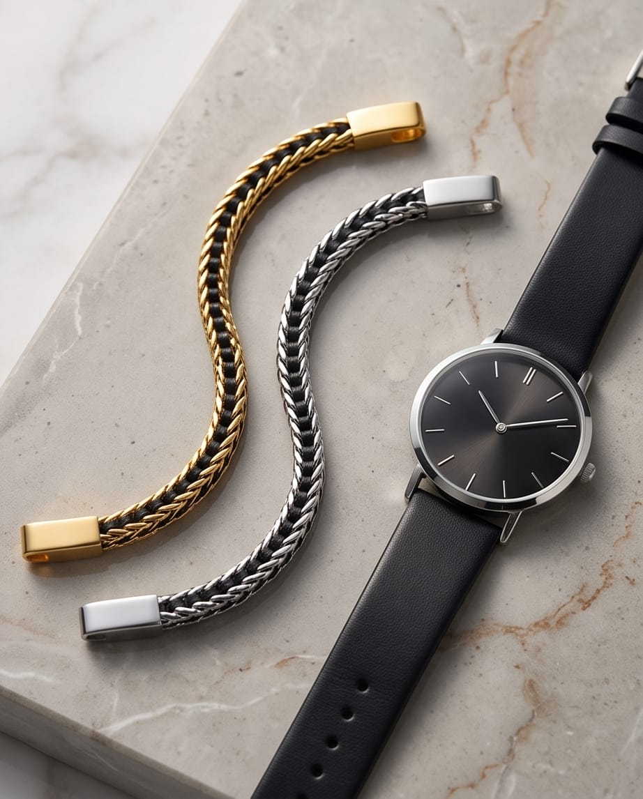 Uomo bracciale acciaio pelle treccia