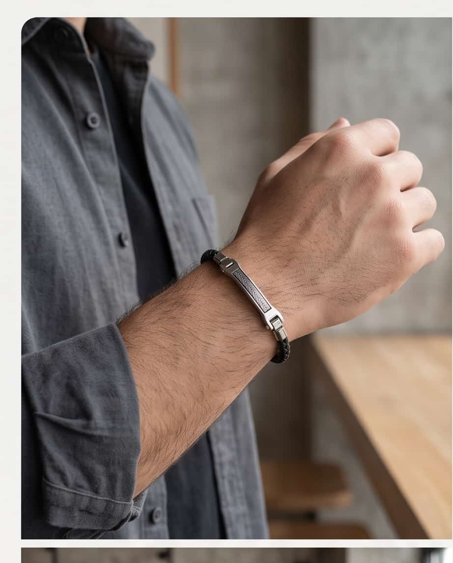 Uomo bracciale acciaio pelle treccia viti