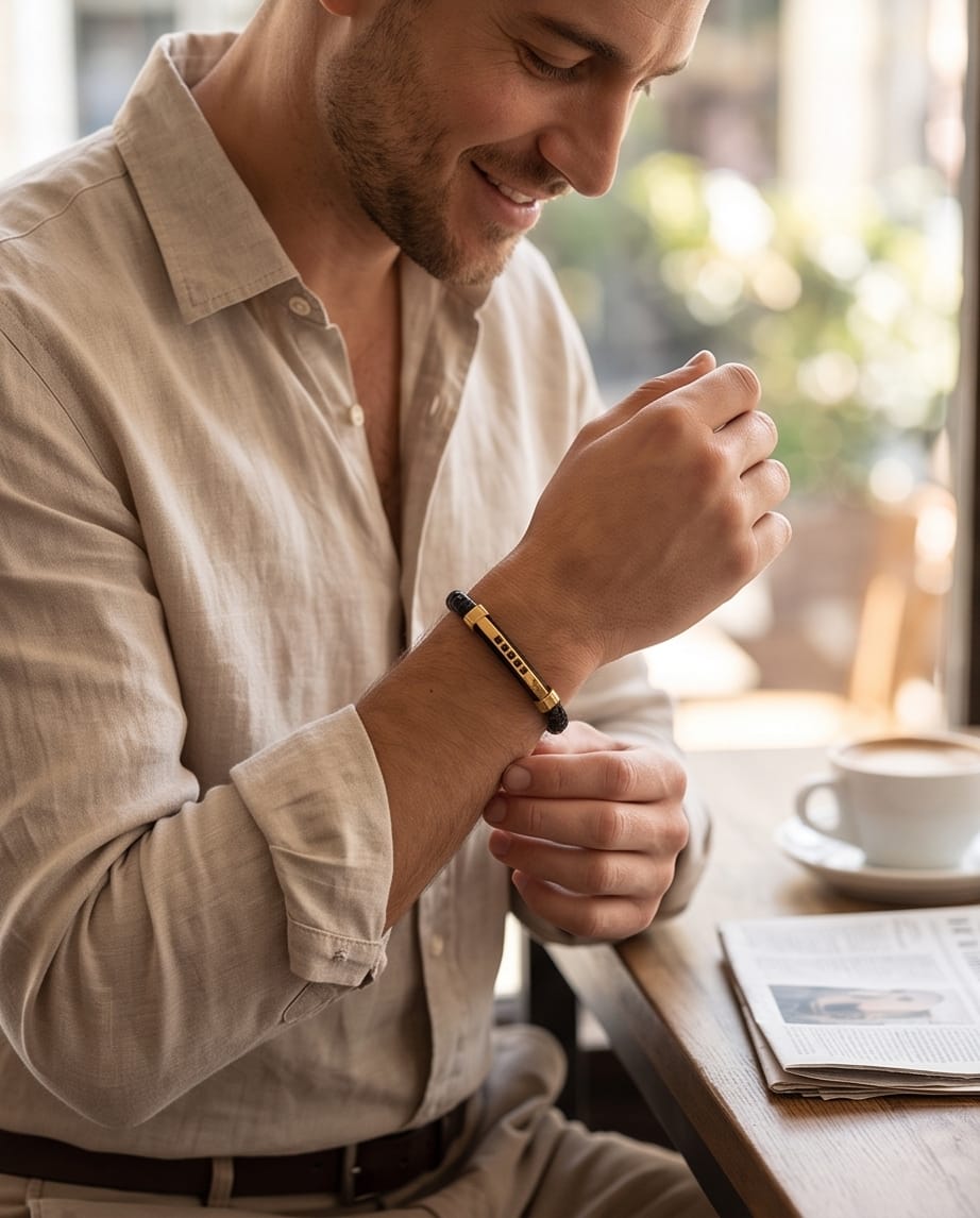 Uomo bracciale acciaio pelle treccia zirconi